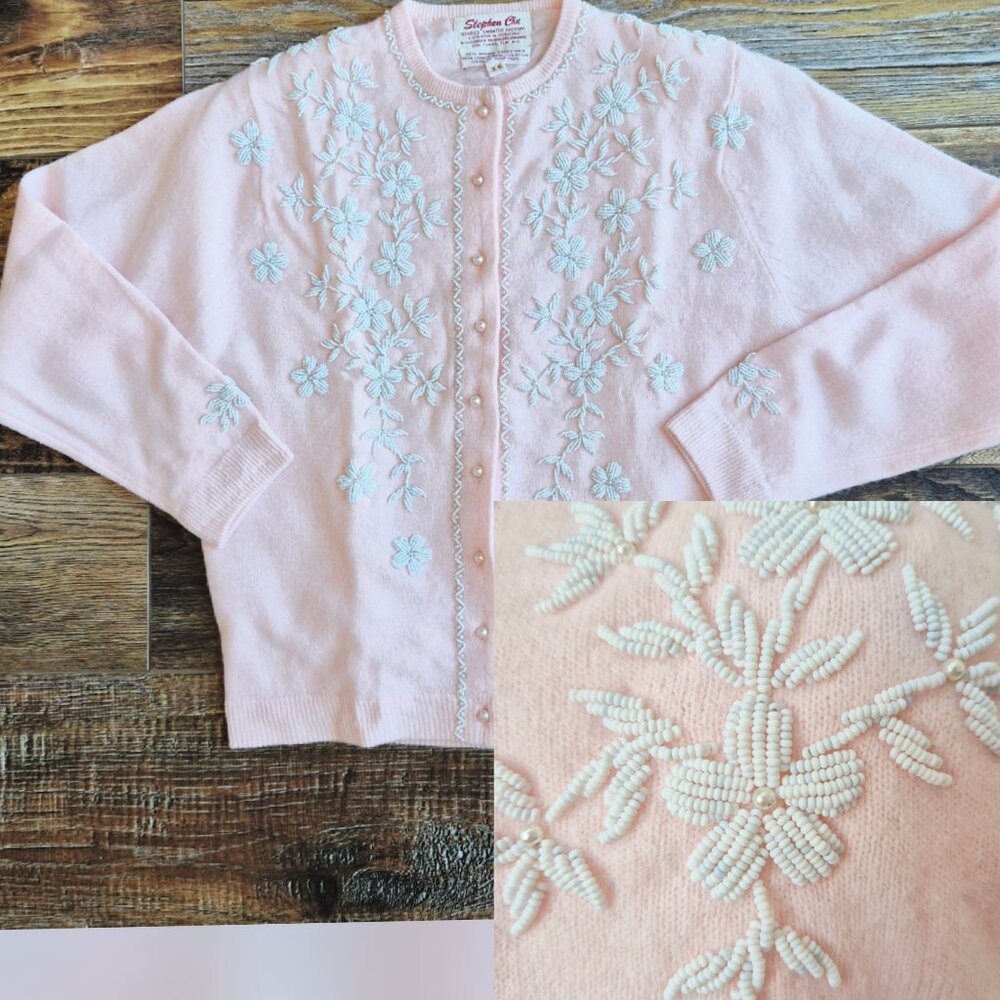 Vintage Stephen Chu Beaded Pearl Angora Rabbit Hair Lamswool Blend Cardigan Pink